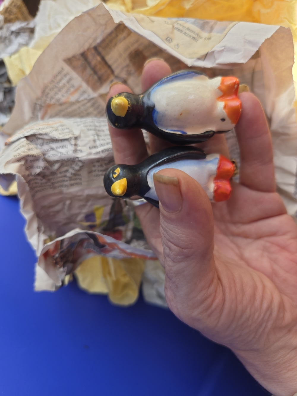 Ceramic Penguin Salt and Pepper Shakers - Black & White with Orange Feet Vintage